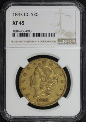 Obverse of this 1892-CC Liberty Head $20 Type 3 NGC XF-45