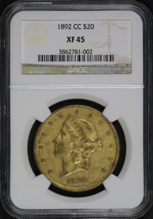 Obverse of this 1892-CC Liberty Head $20 Type 3 NGC XF-45
