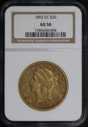 Obverse of this 1892-CC Liberty Head $20 Type 3 NGC AU-50