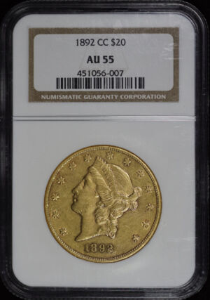 Obverse of this 1892-CC Liberty Head $20 Type 3 NGC AU-55