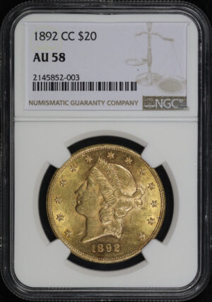 Obverse of this 1892-CC Liberty Head $20 Type 3 NGC AU-58