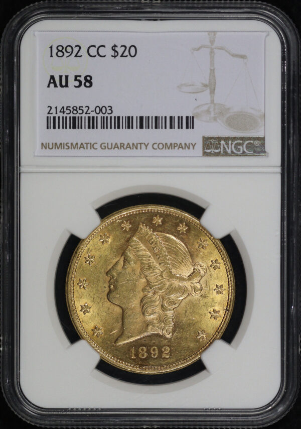 Obverse of this 1892-CC Liberty Head $20 Type 3 NGC AU-58