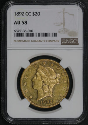 Obverse of this 1892-CC Liberty Head $20 Type 3 NGC AU-58