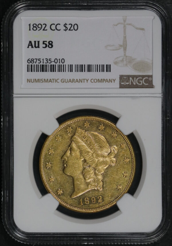 Obverse of this 1892-CC Liberty Head $20 Type 3 NGC AU-58