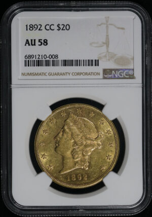 Obverse of this 1892-CC Liberty Head $20 Type 3 NGC AU-58