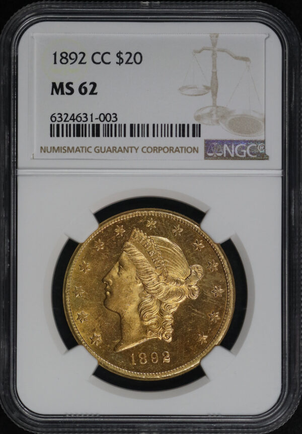 Obverse of this 1892-CC Liberty Head $20 Type 3 NGC MS-62