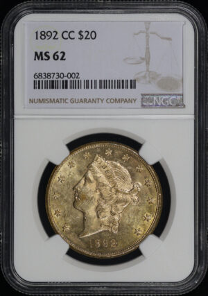 Obverse of this 1892-CC Liberty Head $20 Type 3 NGC MS-62