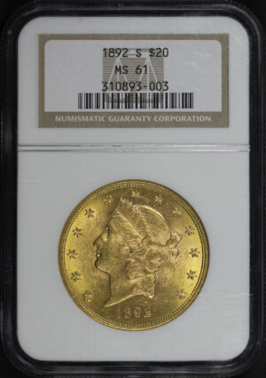 Obverse of this 1892-S Liberty Head $20 Type 3 NGC MS-61