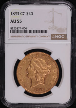 Obverse of this 1893-CC Liberty Head $20 Type 3 NGC AU-55