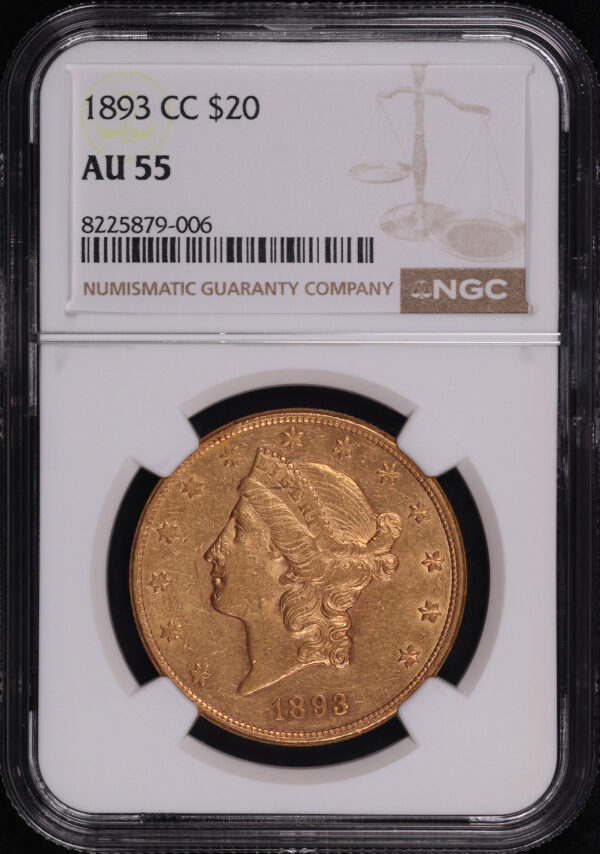 Obverse of this 1893-CC Liberty Head $20 Type 3 NGC AU-55