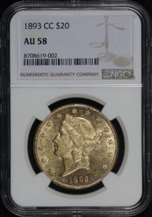 Obverse of this 1893-CC Liberty Head $20 Type 3 NGC AU-58