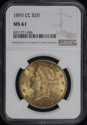 Obverse of this 1893-CC Liberty Head $20 Type 3 NGC MS-61