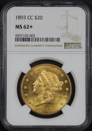 Obverse of this 1893-CC Liberty Head $20 Type 3 NGC MS-62+