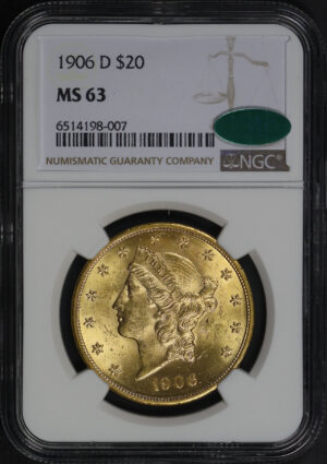 Obverse of this 1906-D Liberty Head $20 Type 3 NGC MS-63 CAC