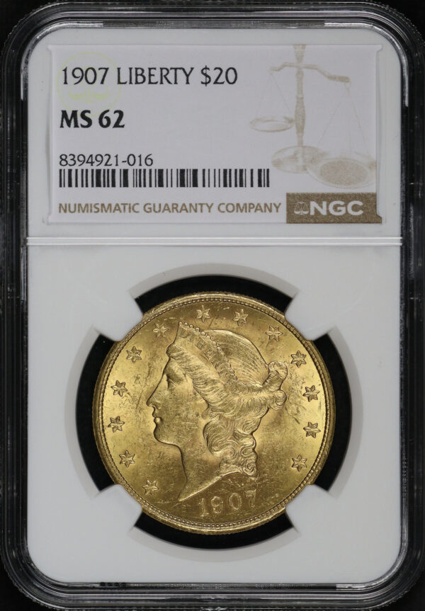 Obverse of this 1907 Liberty Head $20 Type 3 Liberty NGC MS-62