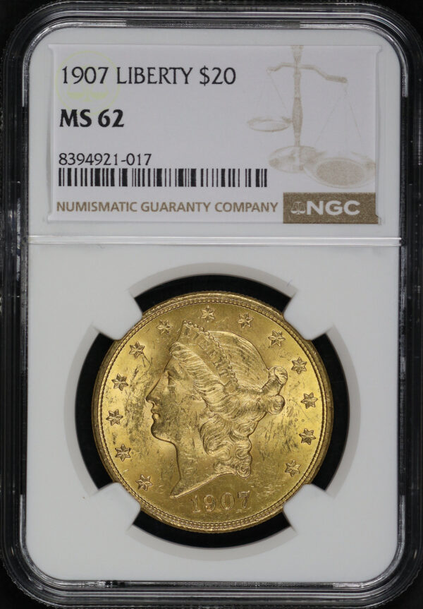 Obverse of this 1907 Liberty Head $20 Type 3 Liberty NGC MS-62