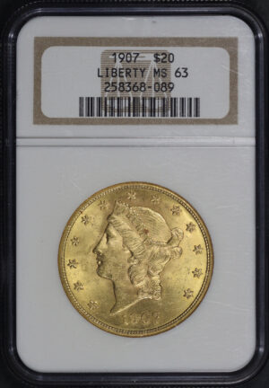 Obverse of this 1907 Liberty Head $20 Type 3 Liberty NGC MS-63