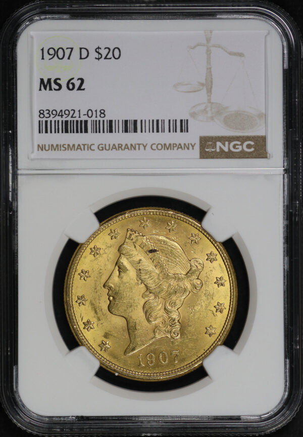 Obverse of this 1907-D Liberty Head $20 Type 3 NGC MS-62