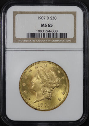 Obverse of this 1907-D Liberty Head $20 Type 3 NGC MS-65