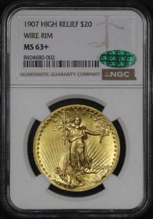 Obverse of this 1907 High Relief St. Gaudens $20 Wire Edge NGC MS-63+ CAC