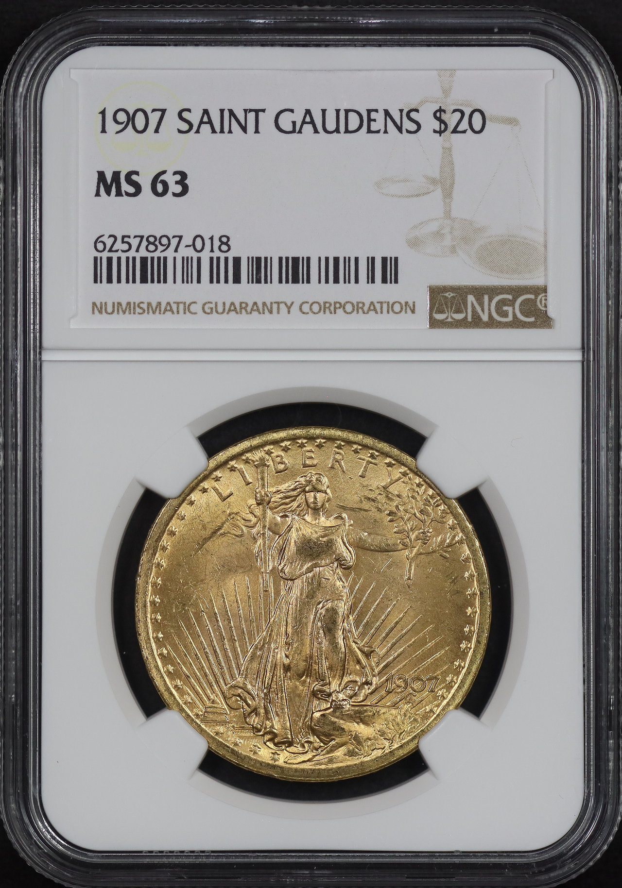 Obverse of this 1907 St. Gaudens $20 NGC MS-63