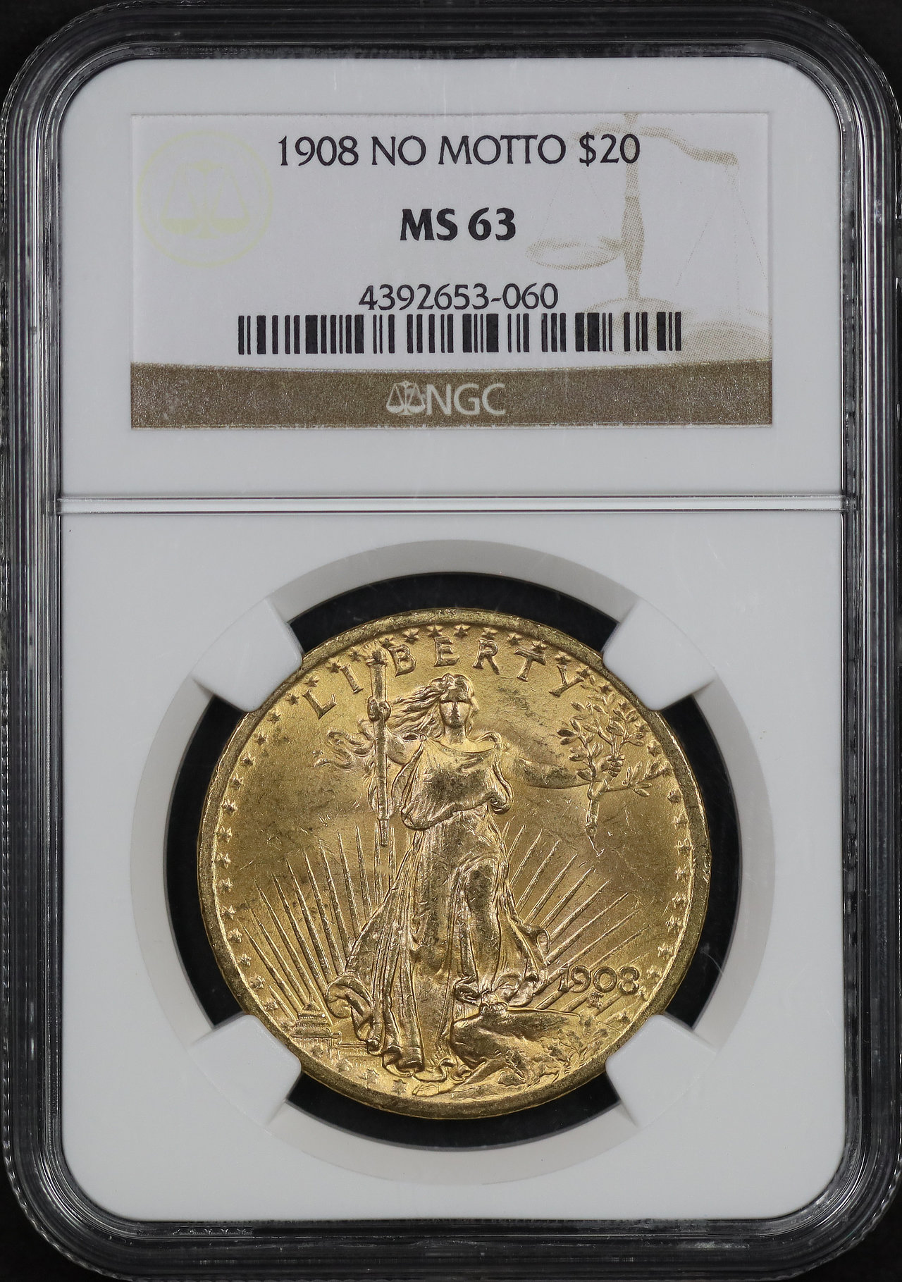 Obverse of this 1908 St. Gaudens $20 No Motto NGC MS-63