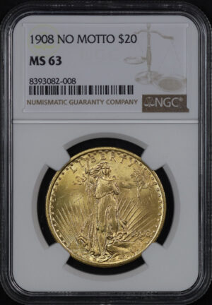 Obverse of this 1908 St. Gaudens $20 No Motto NGC MS-63