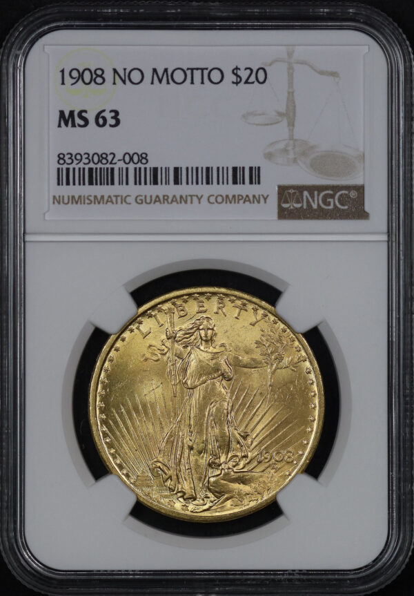 Obverse of this 1908 St. Gaudens $20 No Motto NGC MS-63