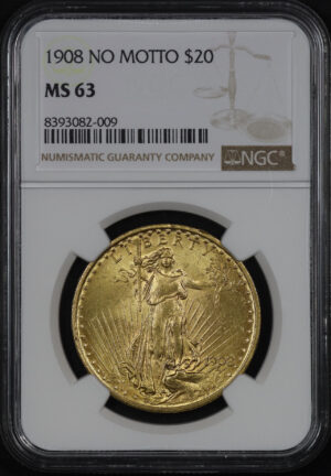 Obverse of this 1908 St. Gaudens $20 No Motto NGC MS-63