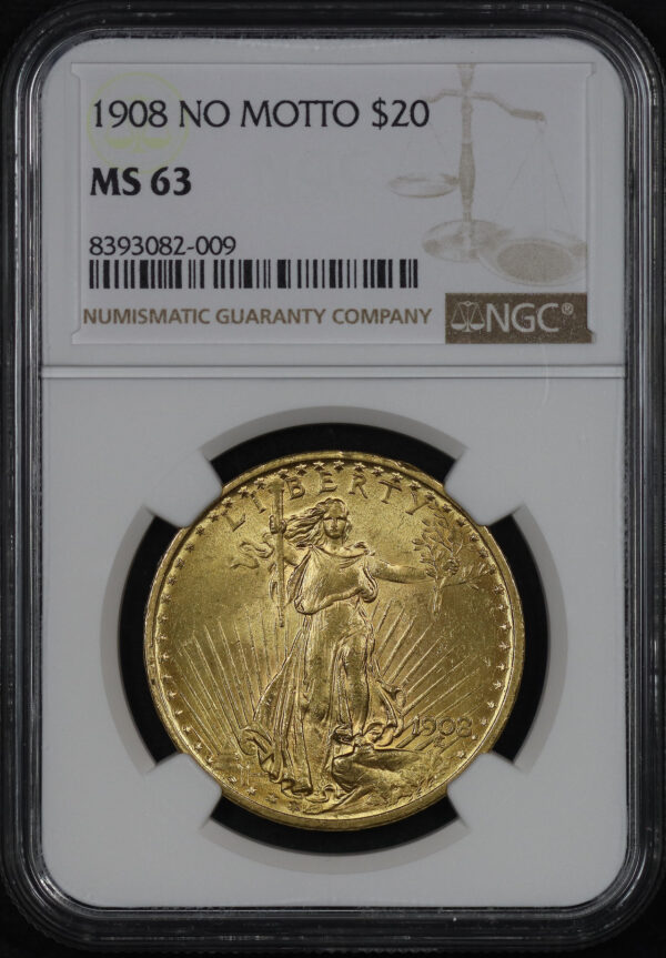 Obverse of this 1908 St. Gaudens $20 No Motto NGC MS-63