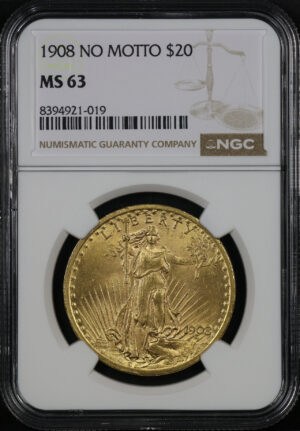 Obverse of this 1908 St. Gaudens $20 No Motto NGC MS-63