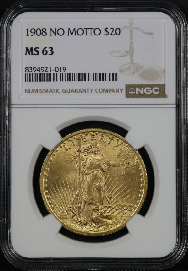 Obverse of this 1908 St. Gaudens $20 No Motto NGC MS-63