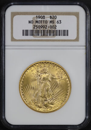 Obverse of this 1908 St. Gaudens $20 No Motto NGC MS-63