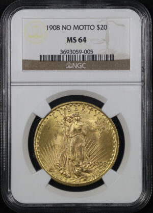 Obverse of this 1908 St. Gaudens $20 No Motto NGC MS-64