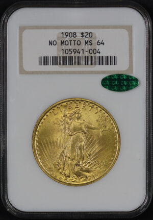 Obverse of this 1908 St. Gaudens $20 No Motto NGC MS-64 CAC