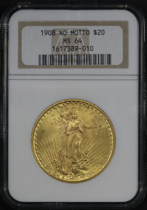 Obverse of this 1908 St. Gaudens $20 No Motto NGC MS-64