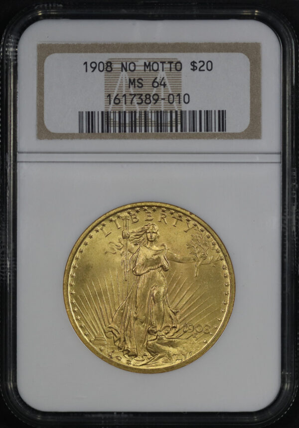 Obverse of this 1908 St. Gaudens $20 No Motto NGC MS-64