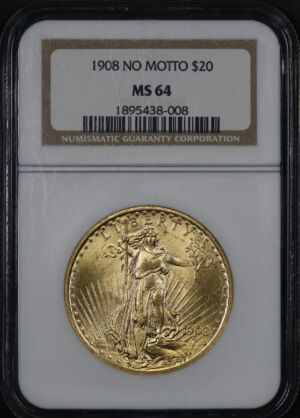 Obverse of this 1908 St. Gaudens $20 No Motto NGC MS-64