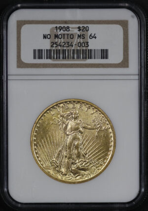 Obverse of this 1908 St. Gaudens $20 No Motto NGC MS-64