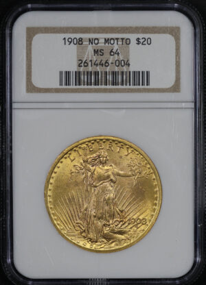Obverse of this 1908 St. Gaudens $20 No Motto NGC MS-64