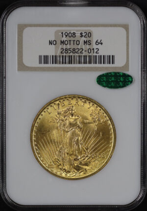 Obverse of this 1908 St. Gaudens $20 No Motto NGC MS-64 CAC
