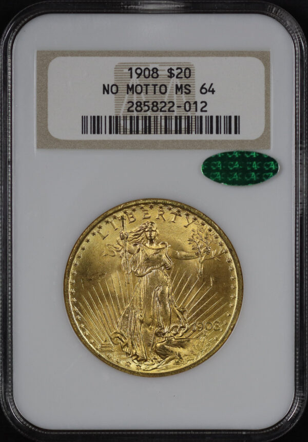 Obverse of this 1908 St. Gaudens $20 No Motto NGC MS-64 CAC