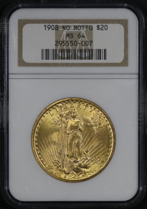 Obverse of this 1908 St. Gaudens $20 No Motto NGC MS-64