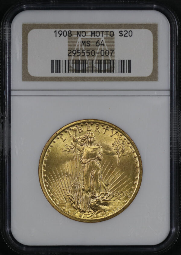 Obverse of this 1908 St. Gaudens $20 No Motto NGC MS-64