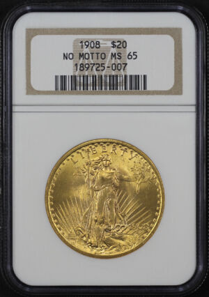 Obverse of this 1908 St. Gaudens $20 No Motto NGC MS-65