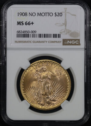 Obverse of this 1908 St. Gaudens $20 No Motto NGC MS-66+