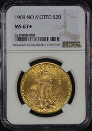 Obverse of this 1908 NO St. Gaudens $20 No Motto NGC MS-67+