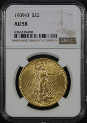 Obverse of this 1909/8 St. Gaudens $20 NGC AU-58
