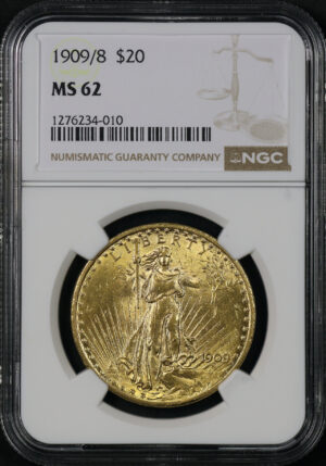 Obverse of this 1909/8 St. Gaudens $20 NGC MS-62
