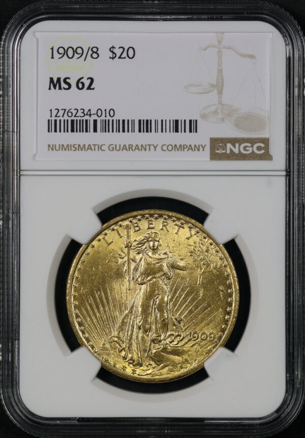 Obverse of this 1909/8 St. Gaudens $20 NGC MS-62